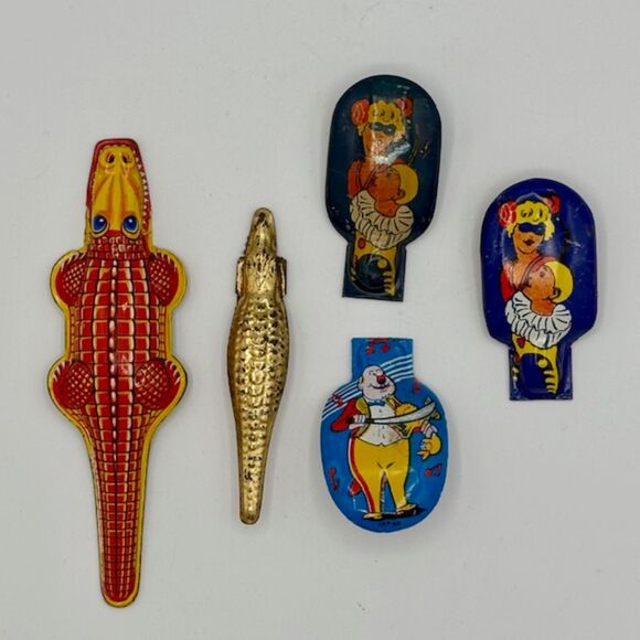 LOT of 5 Vintage Tin Clickers Toys Metal Alligator Masquerade Litho - Picture 1 of 10